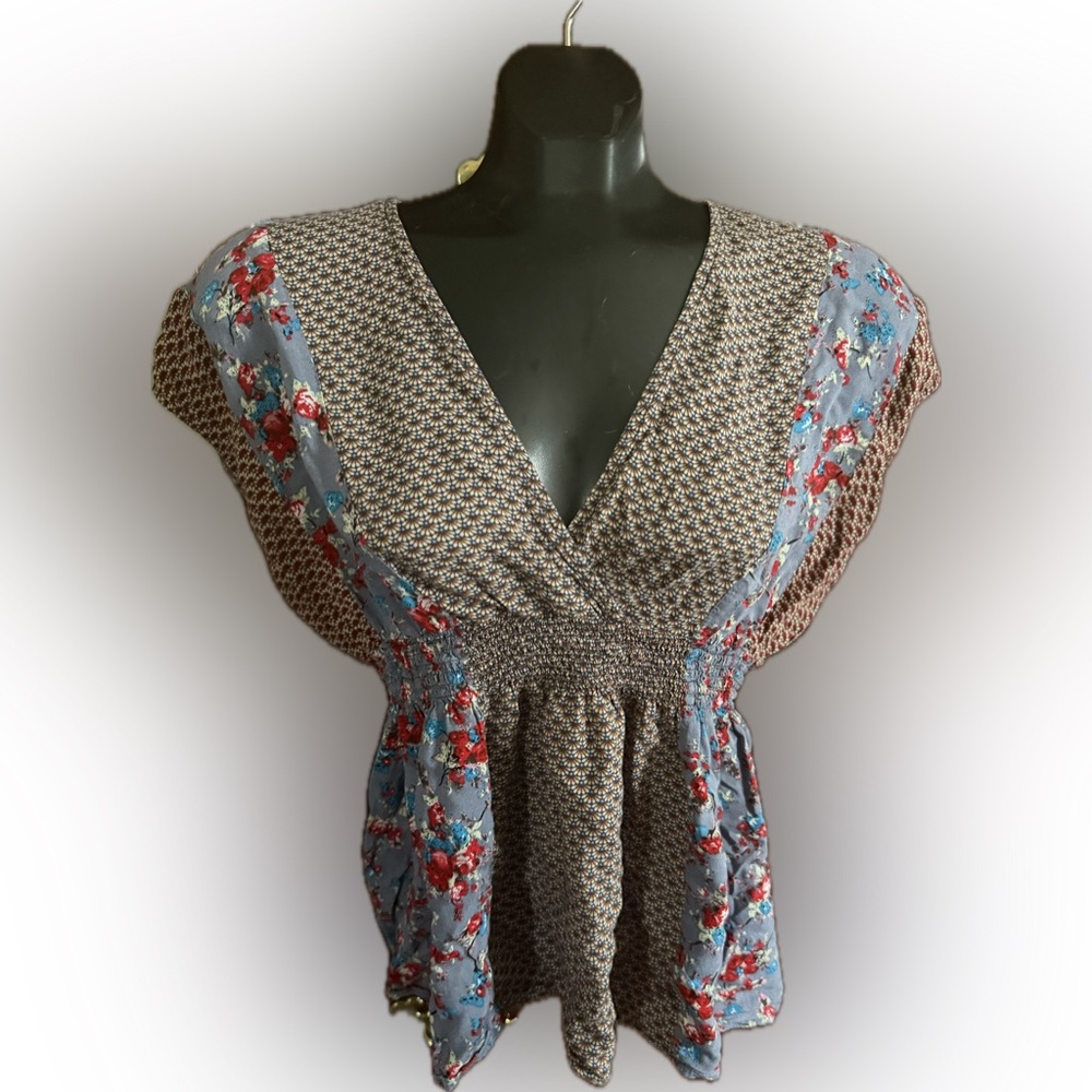 Floral Patchwork V-Neck Women's Top